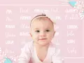 Bebé sonriente con un lazo rosa, rodeada de nombres de niñas como Mia, Nicole, Emily, Paula, Juana, Ana, Ariana, Michelle, Maria, Alina, Danna, Estella, Lucia, Zoey, Sophy. El nombre Ruth no aparece.