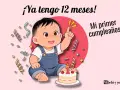 Un bebé de 1 año celebra su primer cumpleaños con un pastel y confeti. ¡Ya tengo 12 meses!