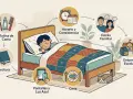 Ilustración sobre factores que influyen en los terrores nocturnos en niños: rutina, pantallas, cena, horario, estrés familiar y entorno escolar.