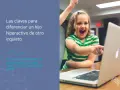 Niña emocionada frente a laptop, con texto sobre la hiperactividad en niños de 6 a 12 años.