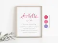 Un póster con el nombre Amelia en letras rosas, seguido de sus significados: trabajadora, imaginativa, versátil, fiable, enérgica, artística, perspicaz, honesta y aventurera.