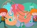 Niños cantando y tocando guitarra, rodeados de notas musicales y colores vibrantes. Descubre qué es el ritmo musical para niños.
