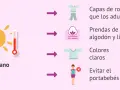 Consejos para un recién nacido en verano: capas ligeras, algodón, colores claros y evitar portabebés.