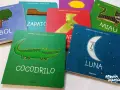 Primeros libros para bebés: "Cocodrilo", "Zapato", "Miau", "Luna", "Árbol" y más, con ilustraciones coloridas.