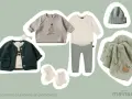 Conjunto de ropa para bebé: chaqueta verde, suéter con pera, pantalón gris, gorro y manta a juego. Ideas para como vestir a un bebe en primavera.