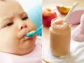 Bebé de 4 meses probando su primera fruta. Puré de manzana en un tarro y una cuchara.