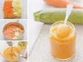 Preparación de puré para bebés: zanahorias y calabacín cocidos y triturados hasta obtener una textura suave.