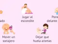 Ilustraciones muestran cómo los bebés aprenden cuando imitan: gateando hacia un juguete, jugando al escondite, viéndose en un espejo, escuchando un sonajero y oliendo flores.
