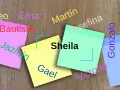 Notas adhesivas con nombres: Sheila, Gael, Bautista, Jazmín, Ema, Martín, Josefina, Gonzalo, Victoria, Renzo.