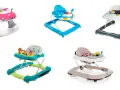 Andadores para bebés: un coche rosa, uno azul, uno gris, uno turquesa y uno beige. ¡Listos para el taka taka niños!