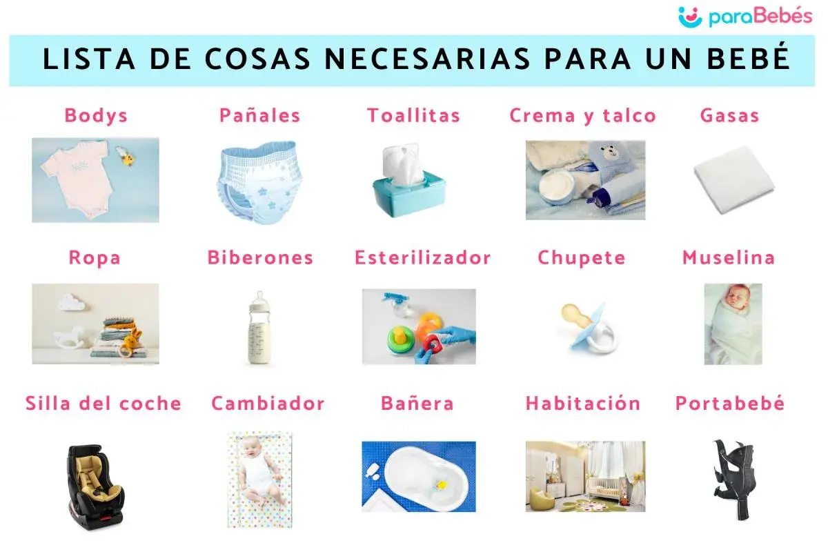 Lista de cosas necesarias para un bebé: bodys, pañales, toallitas, crema, gasas, ropa, biberones, esterilizador, chupete, muselina, silla de coche, cambiador, bañera, habitación y portabebé.