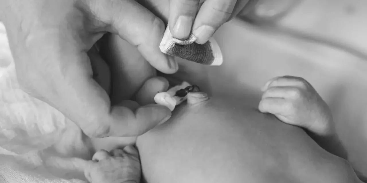 Manos cuidadosas limpian el cordón umbilical de un recién nacido con una gasa.
