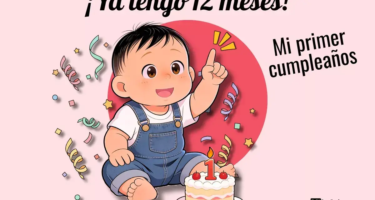 Un bebé de 1 año celebra su primer cumpleaños con un pastel y confeti. ¡Ya tengo 12 meses!