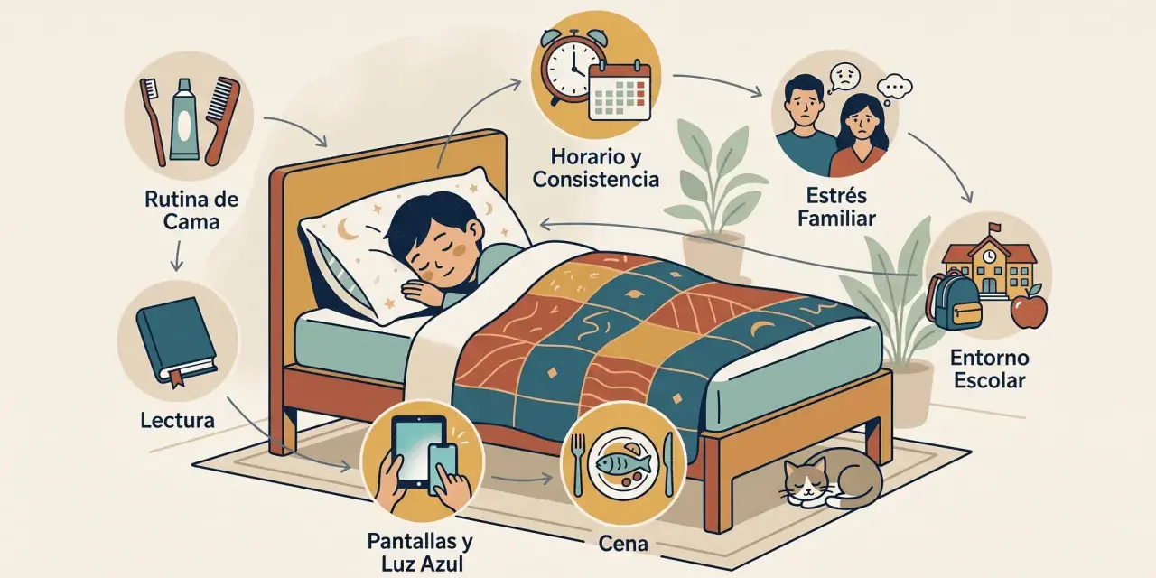 Ilustración sobre factores que influyen en los terrores nocturnos en niños: rutina, pantallas, cena, horario, estrés familiar y entorno escolar.