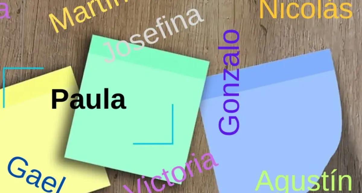 Notas adhesivas con nombres como Paula, Martín, Nicolás, Gonzalo, Agustín, Gael y Victoria. El significado de Paula es "pequeña".
