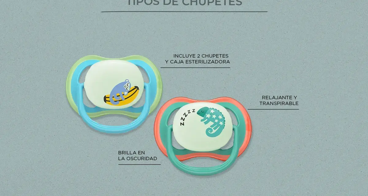 Dos tipos de chupetes: uno azul con mono en plátano que brilla en la oscuridad, otro coral con camaleón dormido. Incluyen caja esterilizadora.