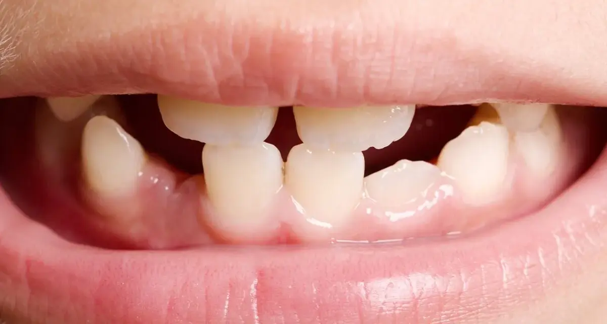 Boca de niño mostrando agenesia dental, con espacios donde faltan dientes.