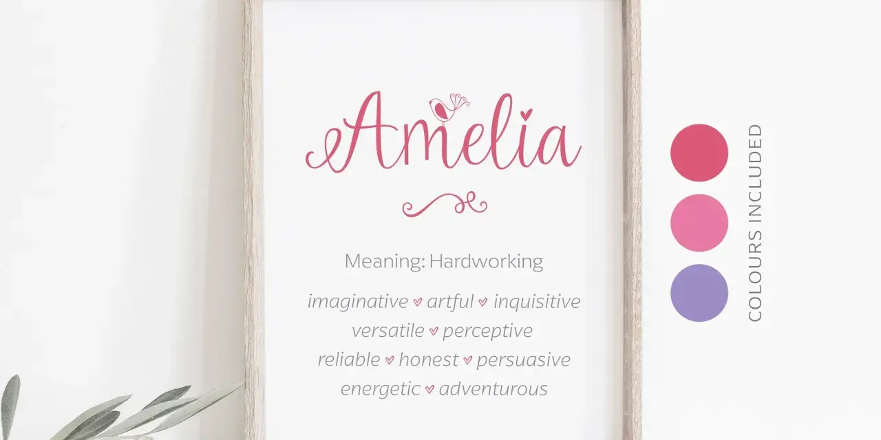 Un póster con el nombre Amelia en letras rosas, seguido de sus significados: trabajadora, imaginativa, versátil, fiable, enérgica, artística, perspicaz, honesta y aventurera.