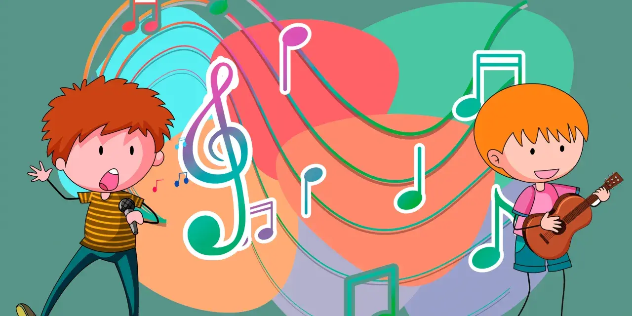 Niños cantando y tocando guitarra, rodeados de notas musicales y colores vibrantes. Descubre qué es el ritmo musical para niños.