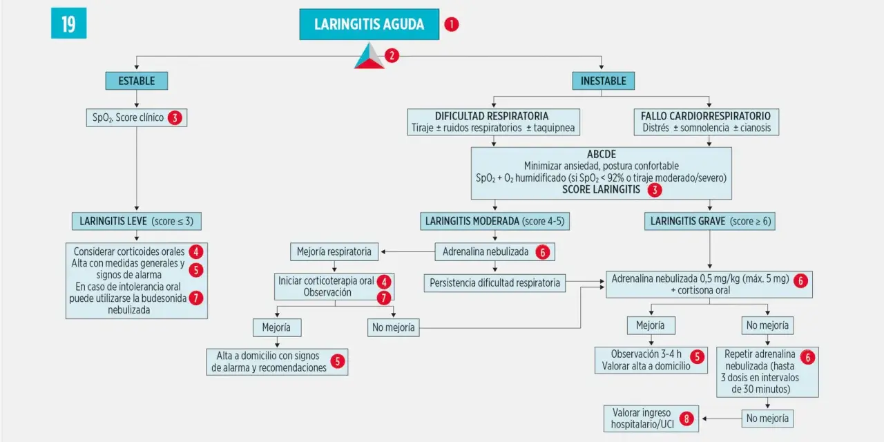 Diagrama de flujo para laringitis aguda en niños. Muestra síntomas y manejo según la gravedad: leve, moderada o grave.