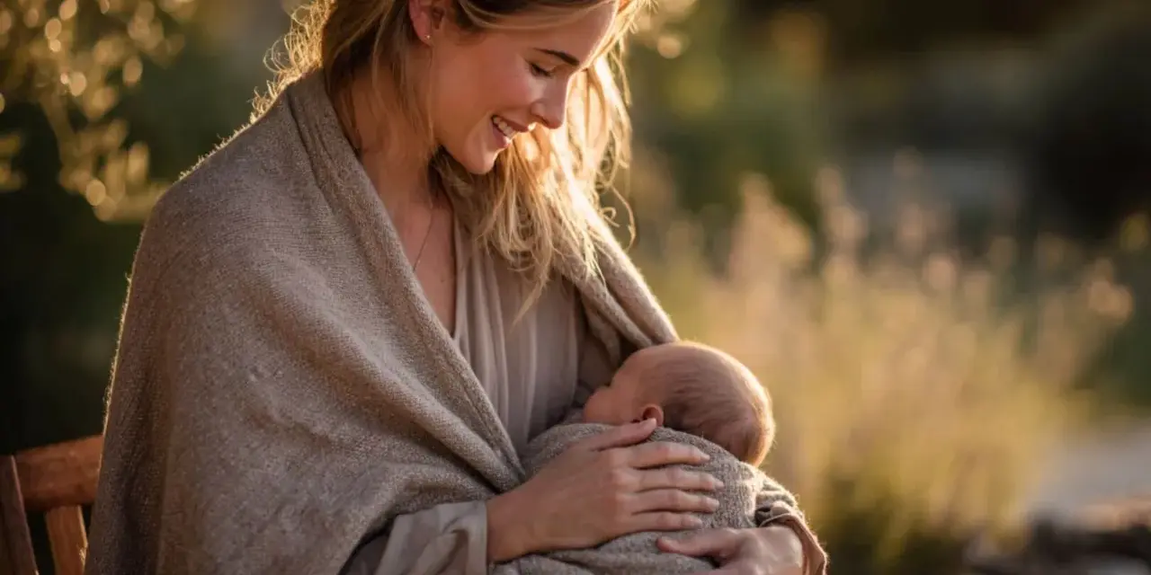 Madre sonriente abraza a su bebé, envueltos en una manta. Un momento tierno que ilustra los hermosos tipos de lactancia.