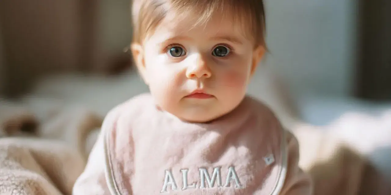 Bebé con ojos grandes y curiosos, lleva un babero rosa con el nombre "Alma" bordado.