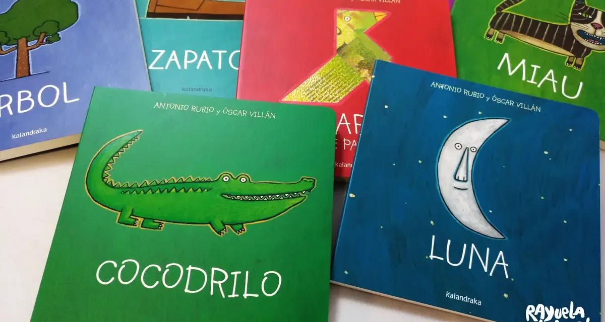 Primeros libros para bebés: "Cocodrilo", "Zapato", "Miau", "Luna", "Árbol" y más, con ilustraciones coloridas.