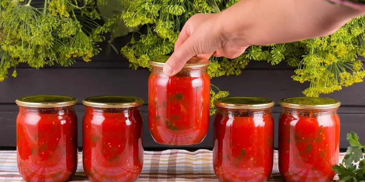 Mano toma un bote de cristal con tomate. Prepara para esterilizar botes cristal microondas.
