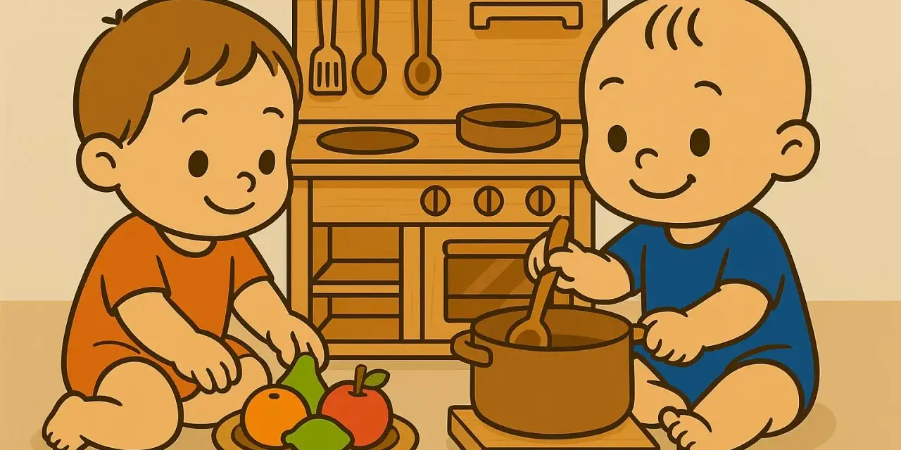 Dos bebés disfrutan de juegos de representación en una cocina de juguete, uno con frutas y otro revolviendo una olla.