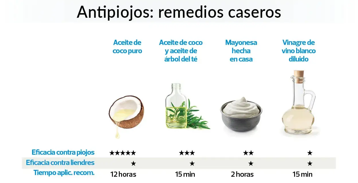 Remedios de la abuela para los piojos: aceite de coco, aceite de árbol de té, mayonesa y vinagre. Se muestran sus eficacias y tiempos de aplicación.