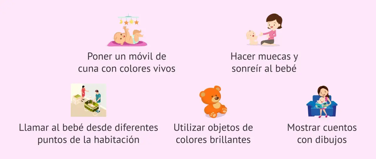 Un bebé de 3 meses ve el mundo con asombro. Imágenes muestran cómo estimularlo: móvil de cuna, sonrisas, objetos brillantes y cuentos.