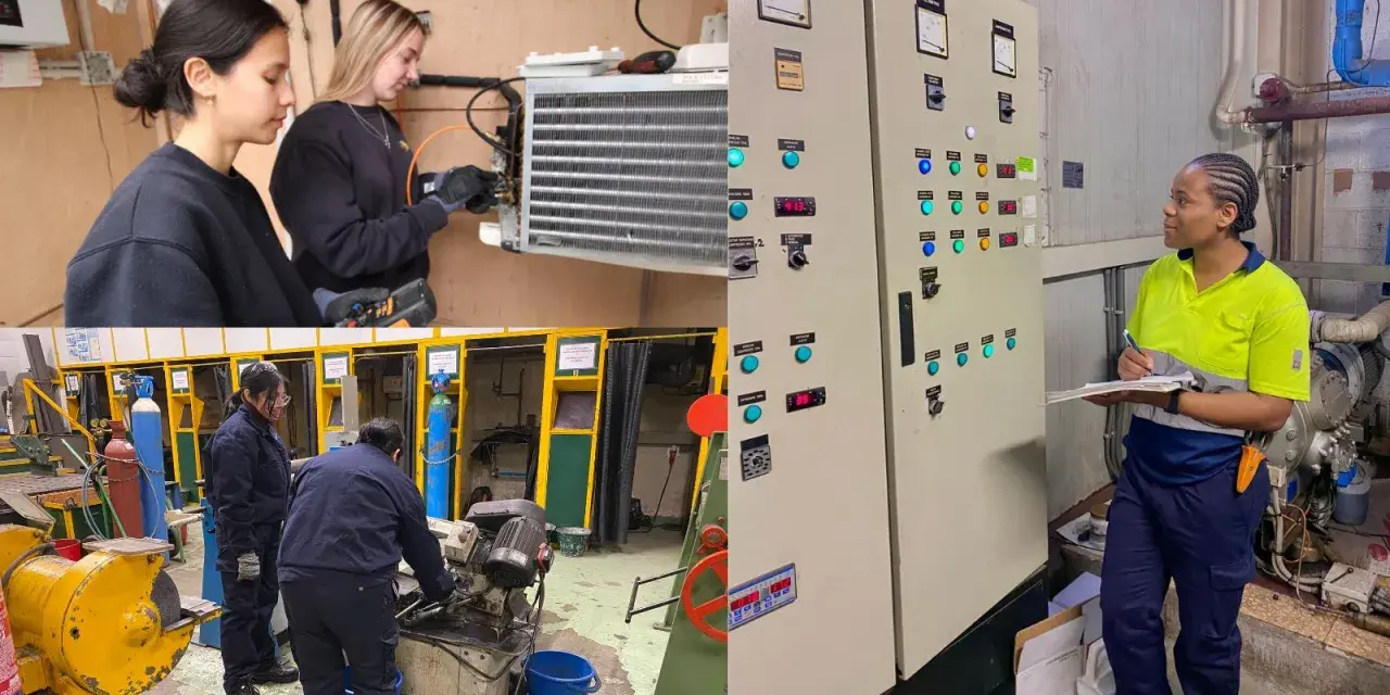 Alazne nombre, aprendiendo mecánica. Mujeres trabajando en un taller, revisando un panel de control y un equipo de refrigeración.