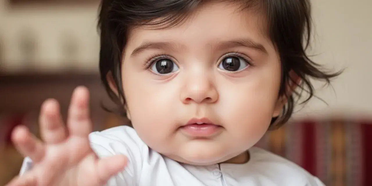 Bebé con ojos grandes y oscuros, mano extendida. Su nombre, Salma, significa paz.