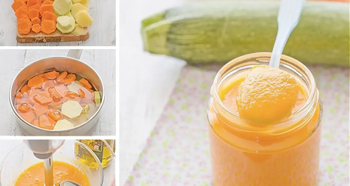 Preparación de puré para bebés: zanahorias y calabacín cocidos y triturados hasta obtener una textura suave.