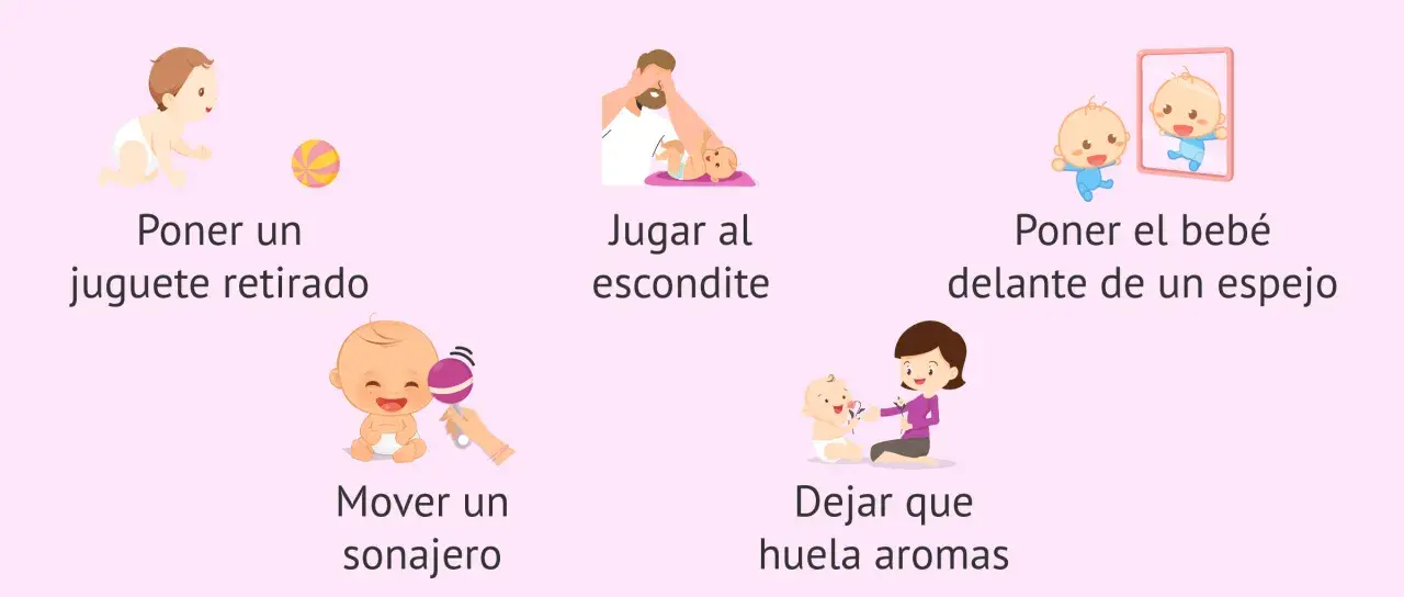 Ilustraciones muestran cómo los bebés aprenden cuando imitan: gateando hacia un juguete, jugando al escondite, viéndose en un espejo, escuchando un sonajero y oliendo flores.