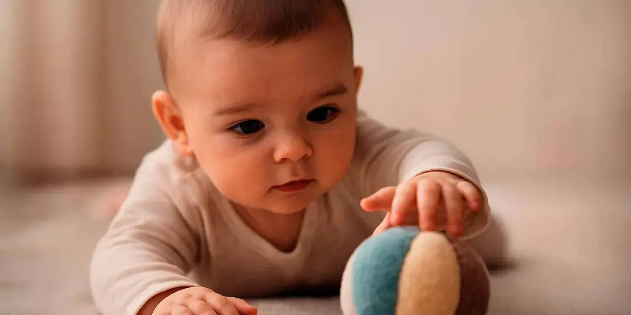 Bebé concentrado, explorando el mundo cuando empiezan a coger cosas. Toca una pelota de tela con sus manitas.