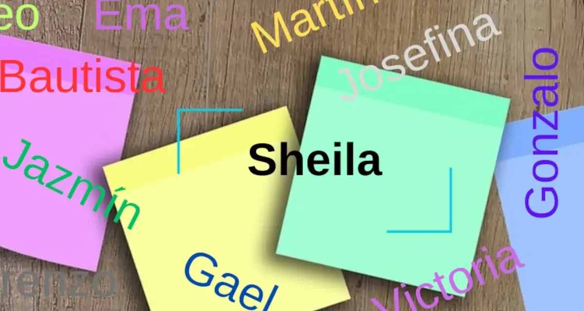 Notas adhesivas con nombres: Sheila, Gael, Bautista, Jazmín, Ema, Martín, Josefina, Gonzalo, Victoria, Renzo.