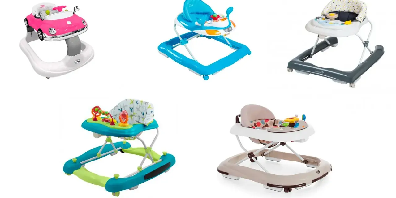 Andadores para bebés: un coche rosa, uno azul, uno gris, uno turquesa y uno beige. ¡Listos para el taka taka niños!