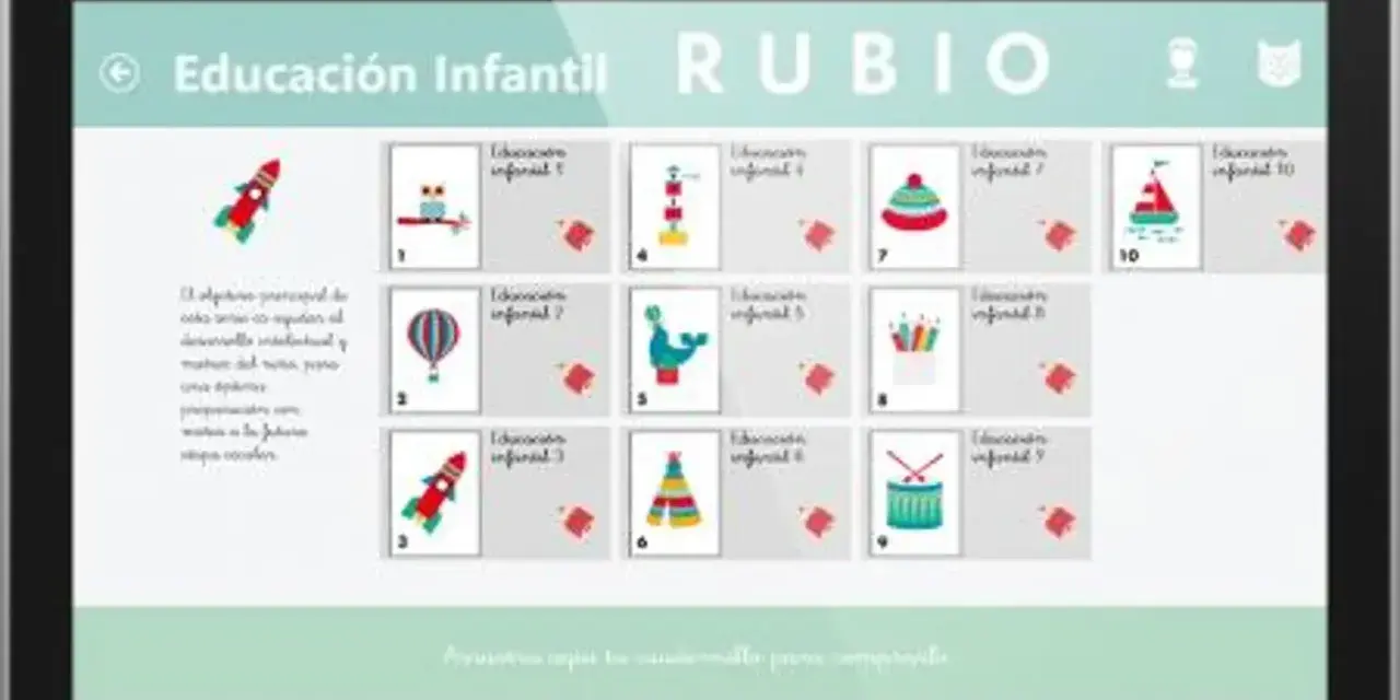 Pantalla de tablet con app de educación infantil. Muestra tarjetas con dibujos de cohetes, globos, animales y juguetes, ideal para el app crecimiento bebé.
