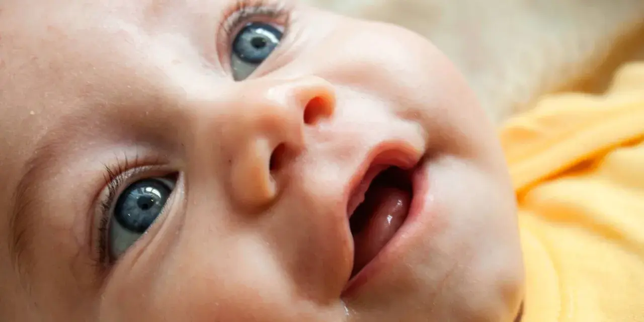 Bebé con ojos azules y boca abierta, mostrando las encías y los primeros dientes saliendo.