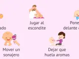 Ilustraciones muestran cómo los bebés aprenden cuando imitan: gateando hacia un juguete, jugando al escondite, viéndose en un espejo, escuchando un sonajero y oliendo flores.