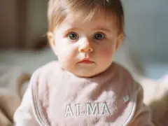 Bebé con ojos grandes y curiosos, lleva un babero rosa con el nombre "Alma" bordado.