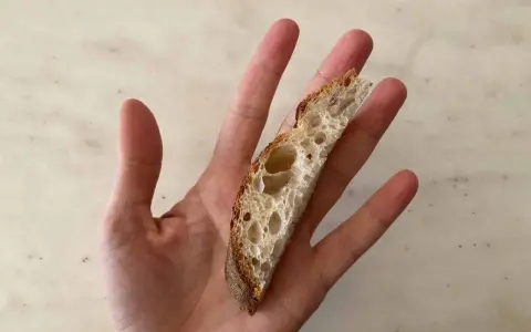 Una mano sostiene una rebanada de pan artesanal, perfecta para el primer pan para bebés.