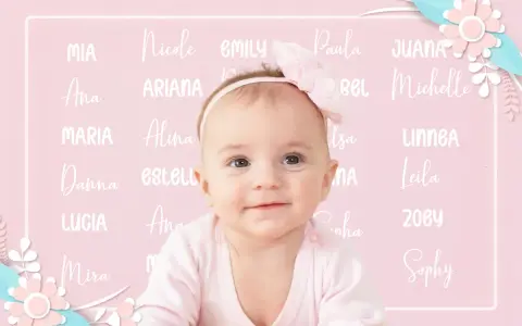 Bebé sonriente con un lazo rosa, rodeada de nombres de niñas como Mia, Nicole, Emily, Paula, Juana, Ana, Ariana, Michelle, Maria, Alina, Danna, Estella, Lucia, Zoey, Sophy. El nombre Ruth no aparece.