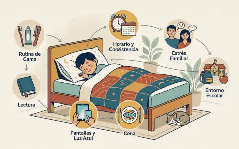 Ilustración sobre factores que influyen en los terrores nocturnos en niños: rutina, pantallas, cena, horario, estrés familiar y entorno escolar.