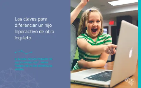 Niña emocionada frente a laptop, con texto sobre la hiperactividad en niños de 6 a 12 años.