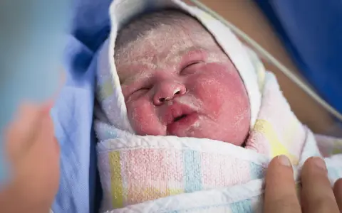 Recién nacido envuelto en una manta, con la piel rosada y cubierta de vernix bebe. Una mano lo acaricia suavemente.