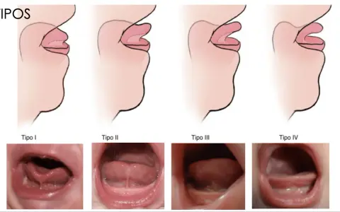 Ilustraciones y fotos de diferentes tipos de frenillo corto en bebés.
