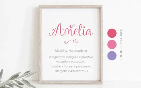 Un póster con el nombre Amelia en letras rosas, seguido de sus significados: trabajadora, imaginativa, versátil, fiable, enérgica, artística, perspicaz, honesta y aventurera.