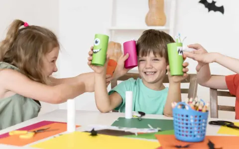 Niños creando monstruos de cartón, una actividad que fomenta la psicomotricidad infantil.
